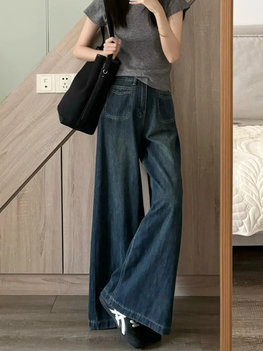 

Свободные джинсы с широкими штанинами, высокая талия, утягивающие, универсальные, скрывающие фигуру, прикрывающие бедра, для женщин, весна-осень