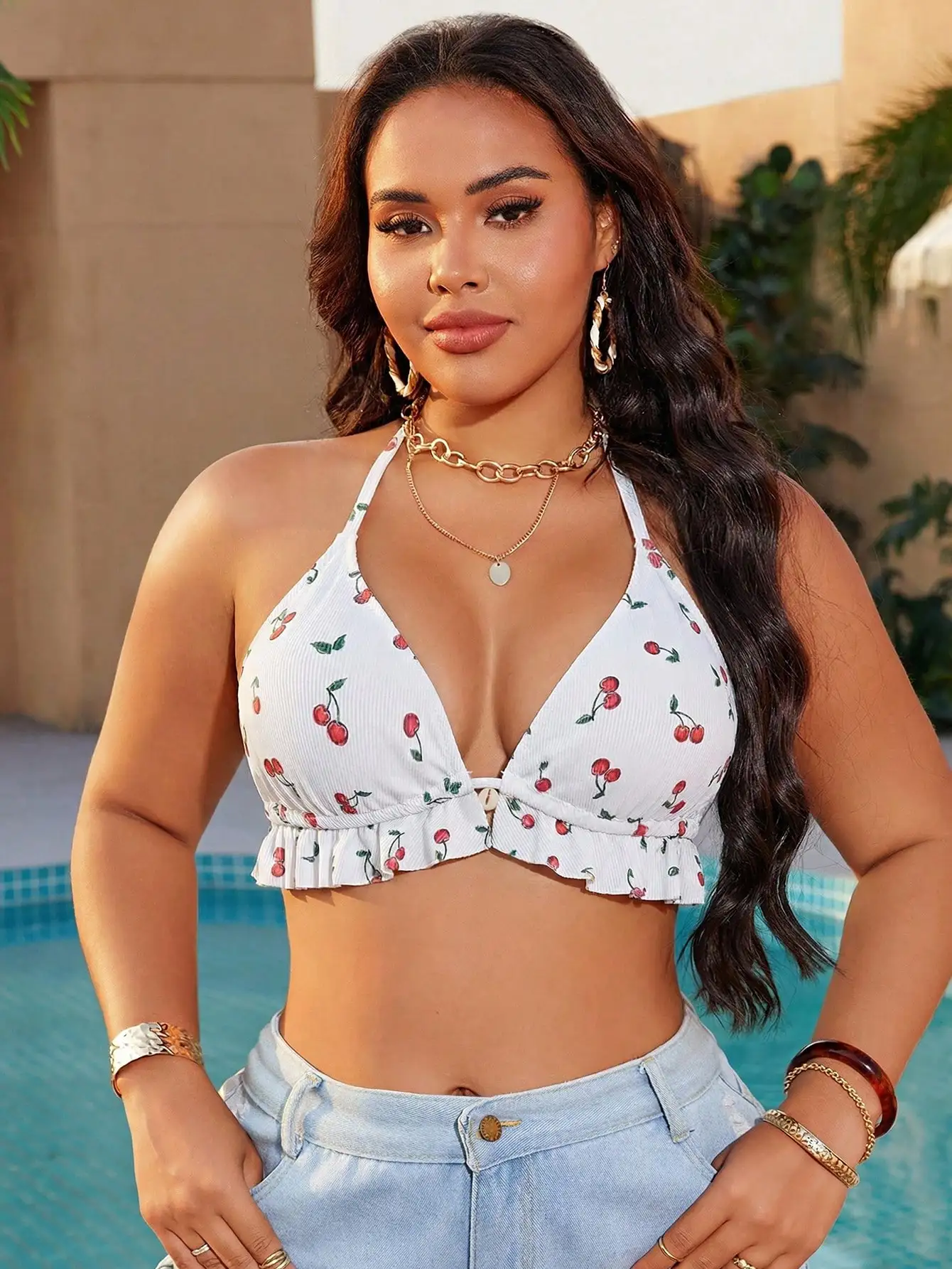 

Cherry Print Ruffled Halter Bikini Top For Women Summer Beach Vacation