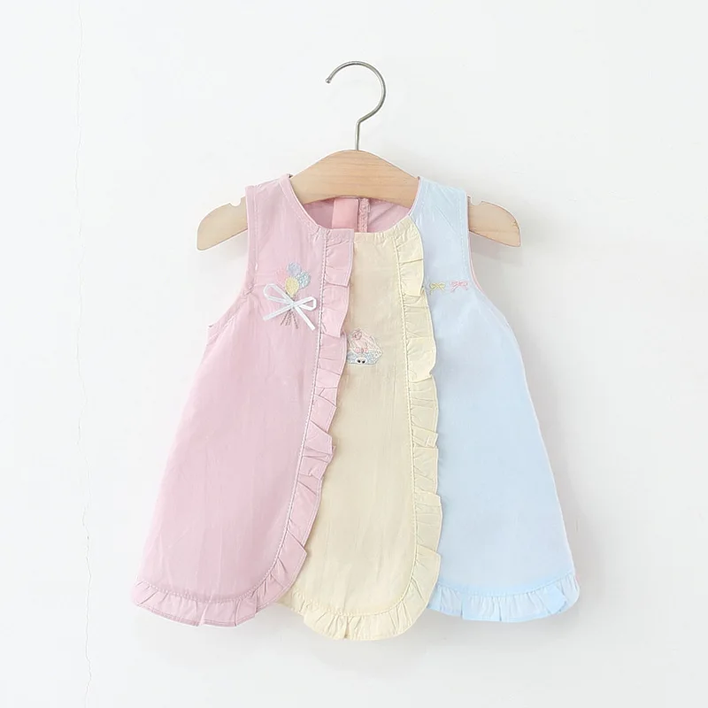 

Casual Dresses For Girls Sleeveless Summer Patchwork Baby Dresses Cartoon Embroidery Ruffle Edge Sweet Bow Baby Clothes