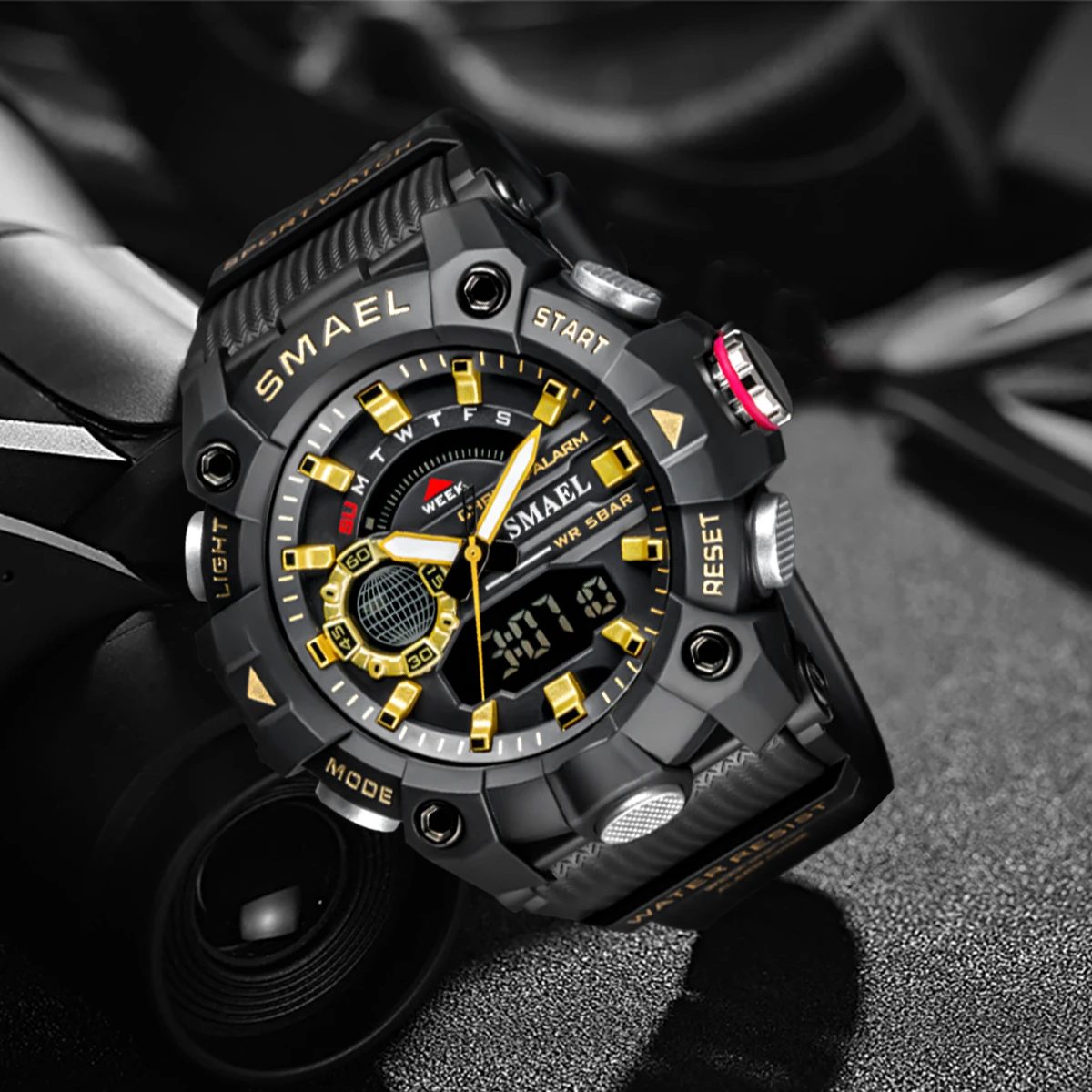 SMAEL Fashion Sport Watches Men Shock Resistant 50M Waterproof Wristwatch LED Alarm Stopwatch Clock Military 8040 Men Watch