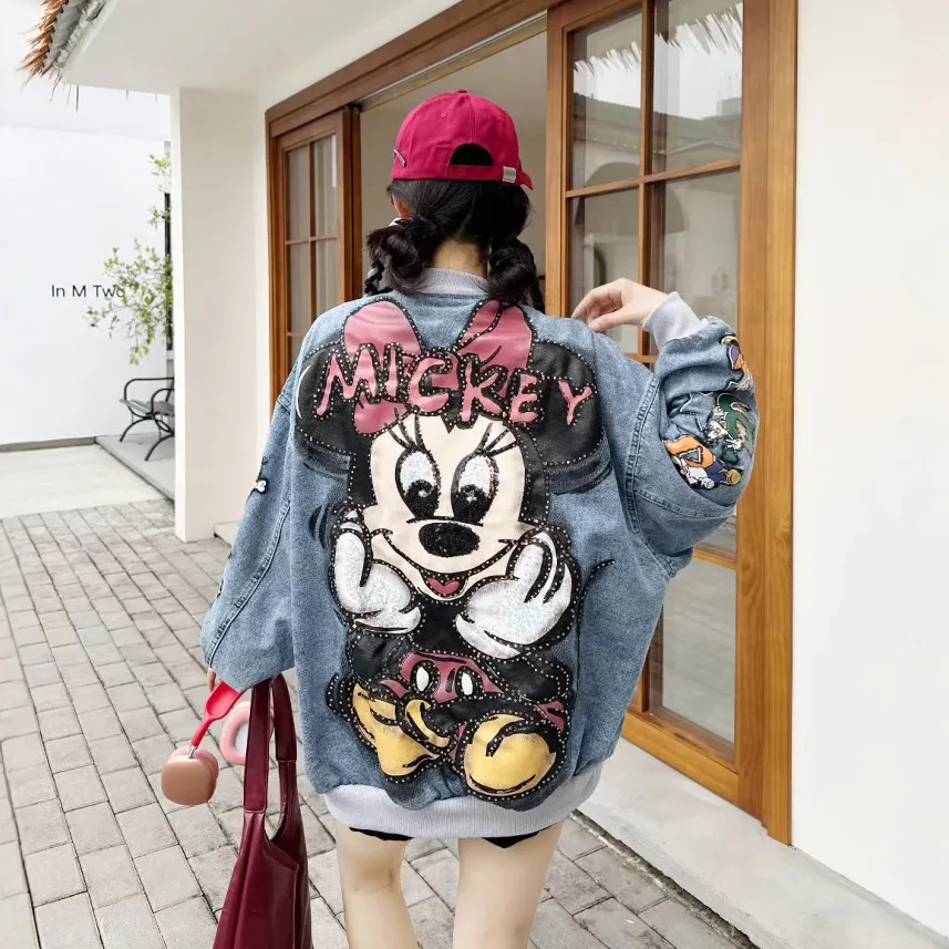 

2025 Spring and Autumn Heavy-duty Printed Cartoon Sequin Fashion Jacket Denim Blue Coat Women's Top Loose Baseball Jacket