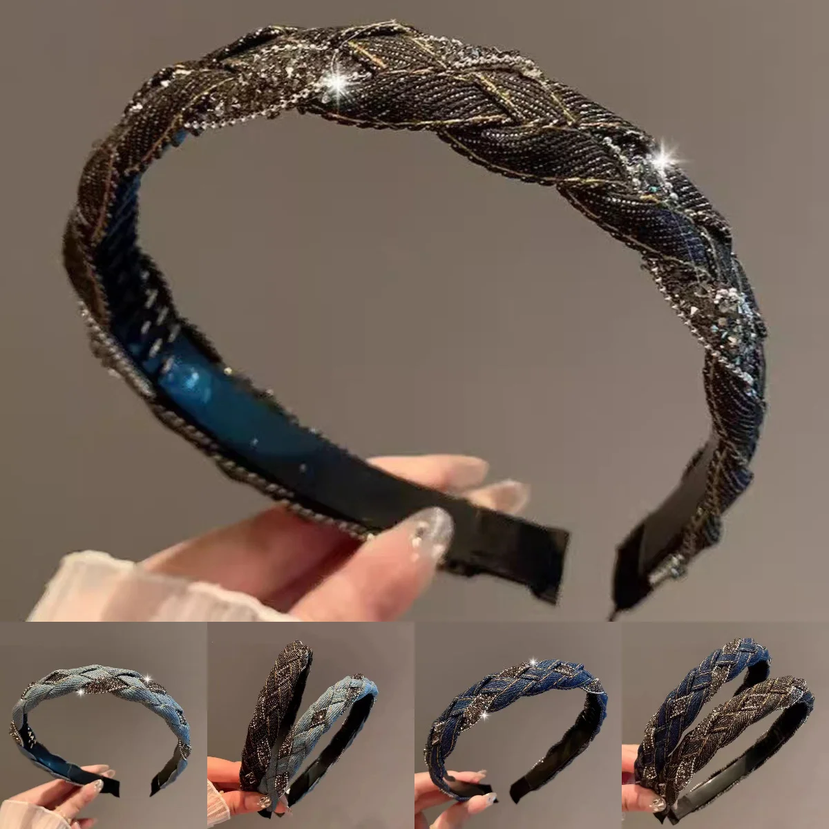 

Elegant Denim Headband Crystal Twist Design French Vintage Style High Crown Non-Slip for Women Girls Commuting Hair Accessories