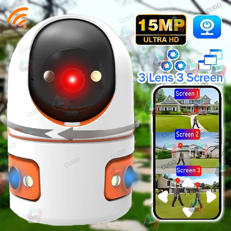 

15-мегапиксельная Wi-Fi камера видеонаблюдения с тремя экранами и тремя объективами, PTZ IP-камера, цветное ночное видение, AI-трекинг, камера видеонаблюдения CCTV.