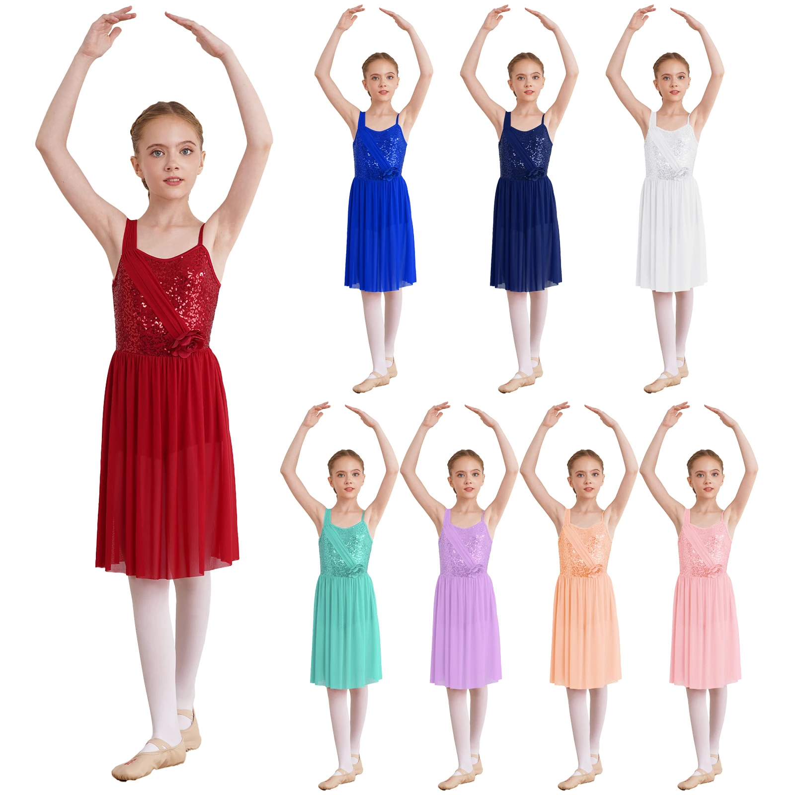 Vestido de baile lírico con lentejuelas para niñas, leotardo de Ballet y gimnasia sin mangas, leotardo de flores decorativas, vestidos de baile de escenario