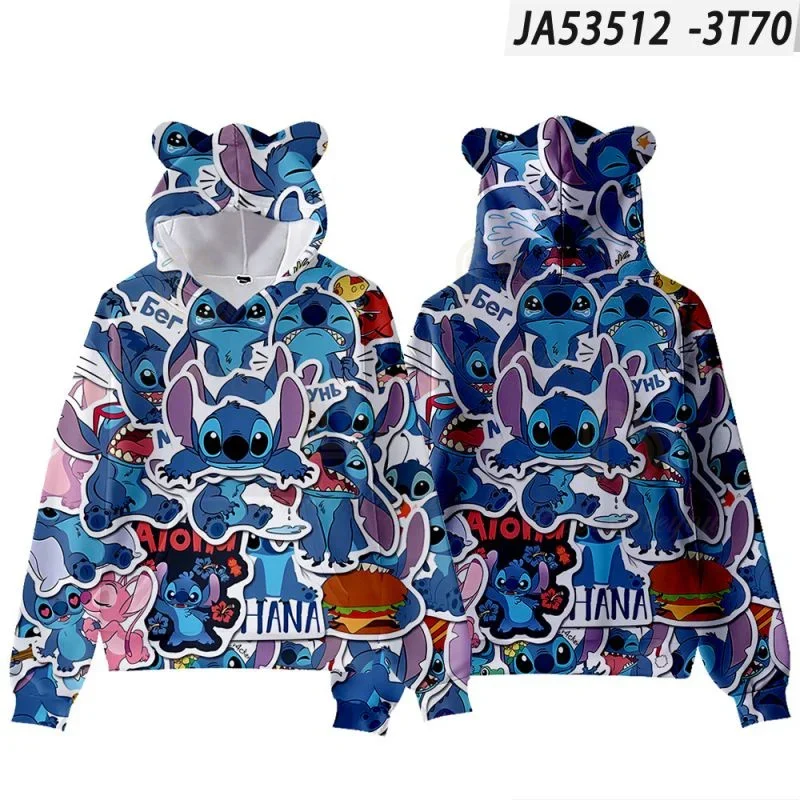 2024 Anime Dis Stitch and Lilo Sweatshirts Cat Ear Long Sleeve Hoodies Boys Girls Women Pullover Cute Tops Hoodie