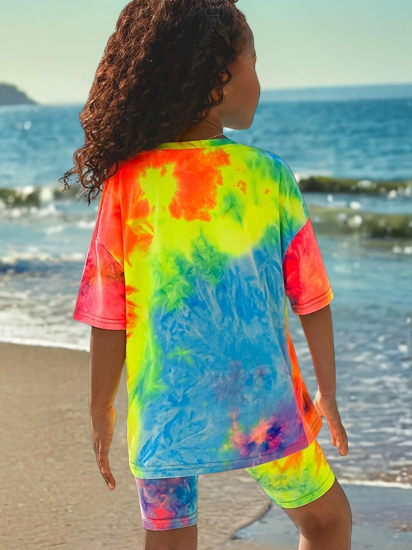 Girls' Sports Full-Print Tie-Dye Short-Sleeve Set, Girls' Round-Neck Short-Sleeve T-Shirt Set, Children's Casual Fashion Summer