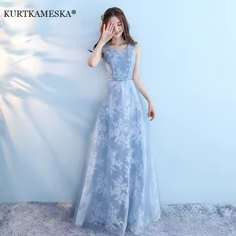 Elegant Bridesmaid Dresses for Women Blue Long Dress Tulle Appliques Wedding Banquet GownTemperament Ladies Prom Evening Dresses