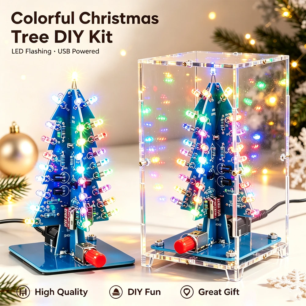RGB LED Flashing Christmas Tree DIY Electronic Kit for Soldering Practice Colorful 3D Xmas Tree Electronics Project Learning