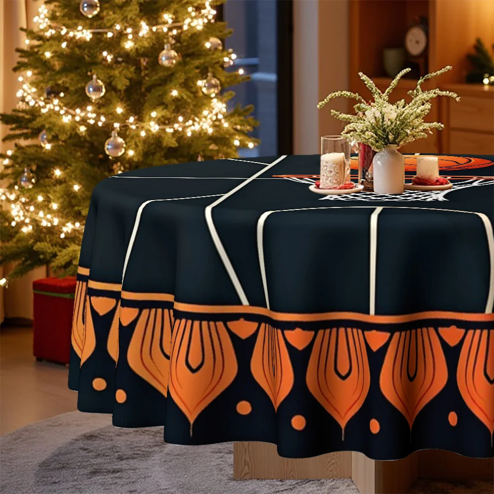 One tablecloth with a Christmas basketball theme print, suitable for both home kitchens and dining rooms.