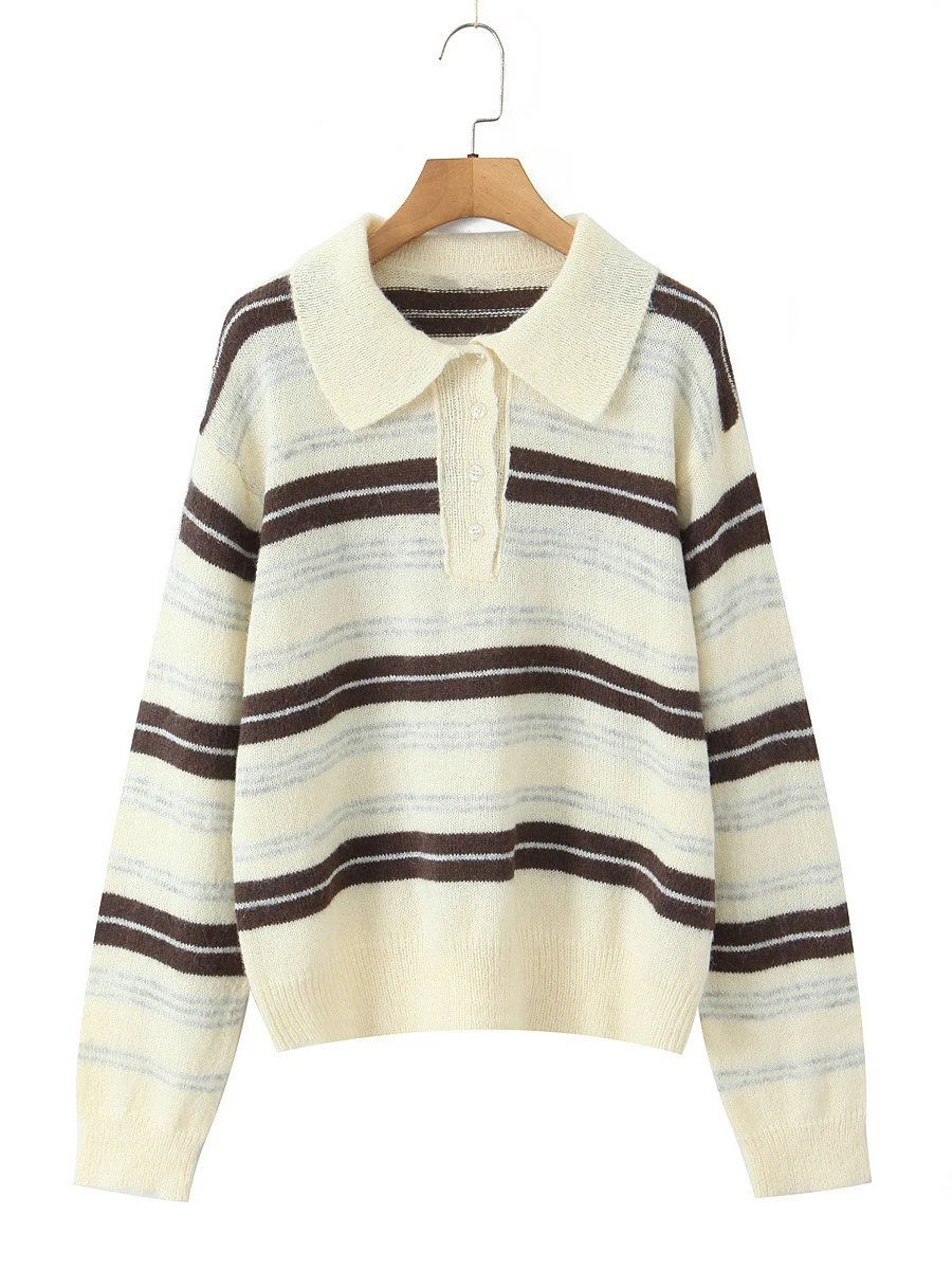 خمر مخطط محبوك كم طويل تي شيرت المرأة أزرار ترتيب الأسرة طوق سترة تي شيرت الخريف جديد فضفاض قمة الموضة غير رسمية