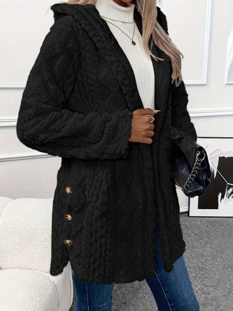 سترة نسائية سميكة بغطاء للرأس بأزرار قطيفة بلون سادة وأكمام طويلة سترات دافئة ملابس نسائية عصرية بصدر واحد #3