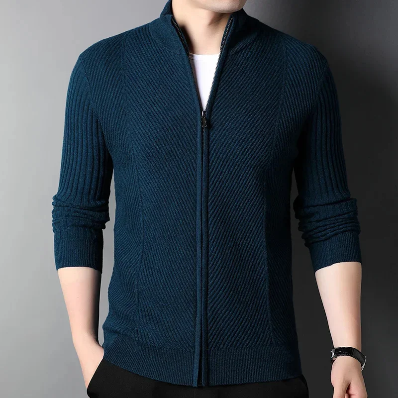 Woolen Men's Sweater Cardigan Outerwear Korean Style Thickened Spring and Autumn Trendy Stand Collar Coat