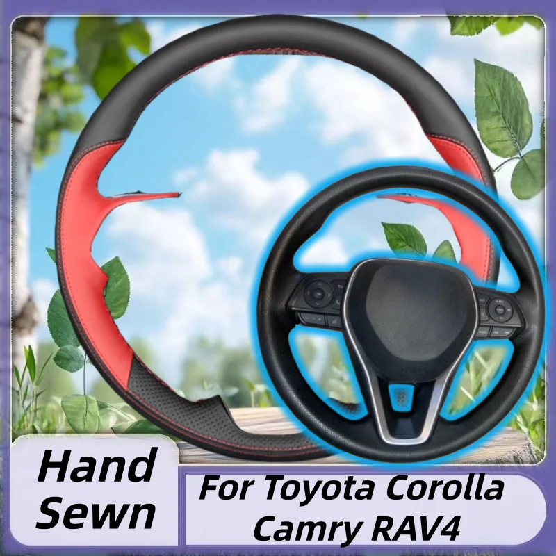 

Genuine Leather Hand-Sewn Steering Wheel Cover For Toyota Corolla Camry RAV4 Anti-Slip Breathable Auto Interior Accessory