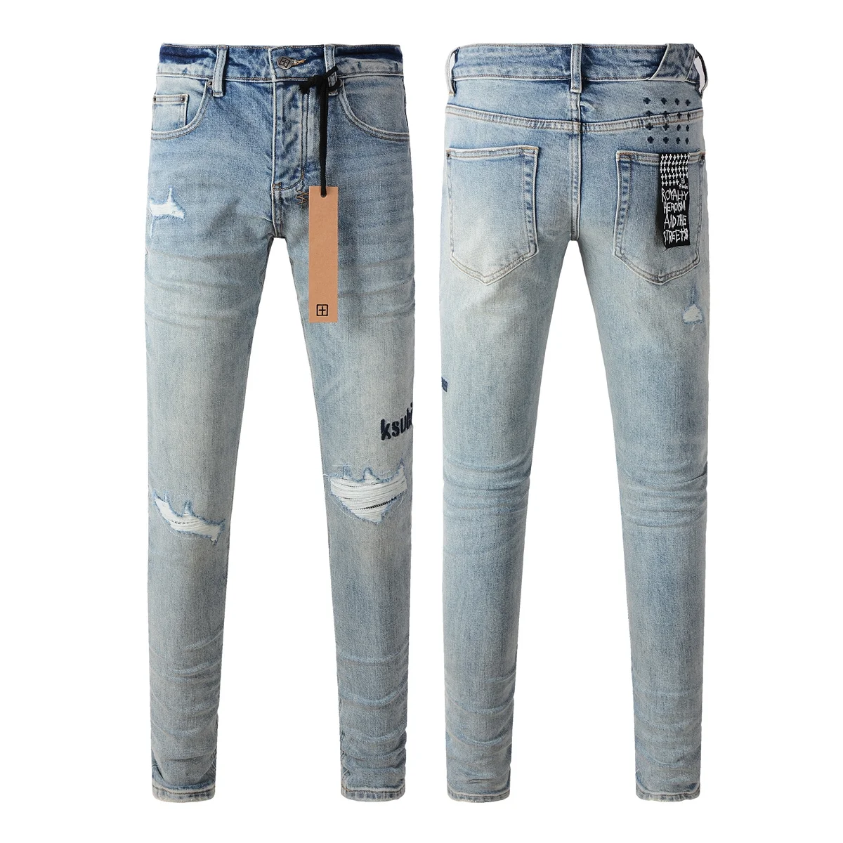 New arrivals KSUBI Cross Jeans Men Fashion Light Blue wash Trend Letter embroidery Low Rise Elastic Skinny Ripped brand Jeans