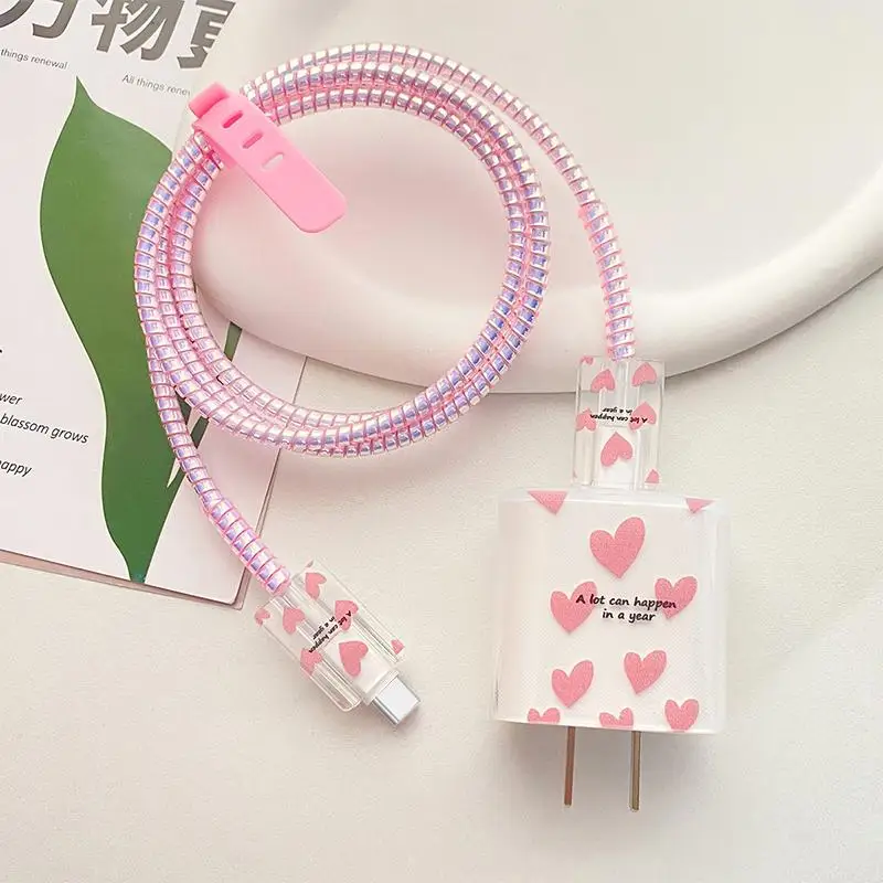 Hot 1 Set USB Cable Protection Case Original Charger Protector Cover Cute Love Heart Protective Data Line Spiral Winder