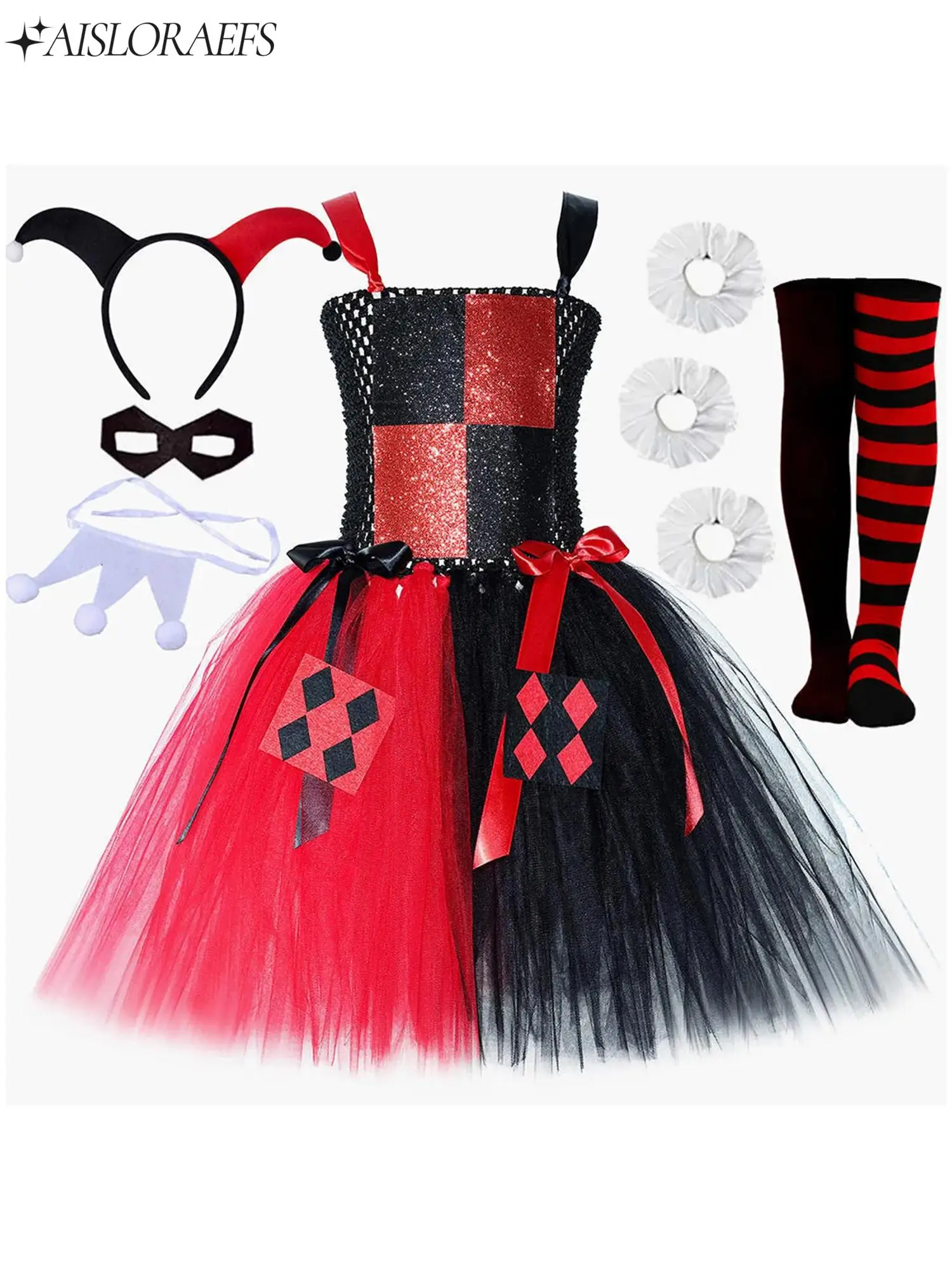 

Girls Clown Halloween Cosplay Costume Adjustable Straps Stretchy Puffy Dress with Accessories 6-piece Set Dress-up Party Outfit