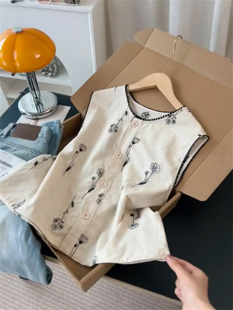 Retro Geborduurde Bloem Ronde Ne Vest Irt Loose Fit Svel Dames Zomer Faionable Casual Sle Thermische Irt