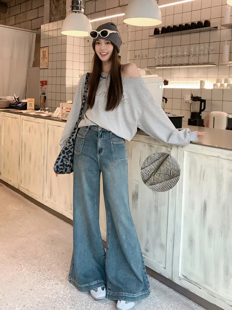 

Джинсы Meiyang Light Fog Denim Jeans Rinsed Cotton Fing Теплые широкие брюки с высокой талией Синий цвет Повседневные брюки Весна Осень