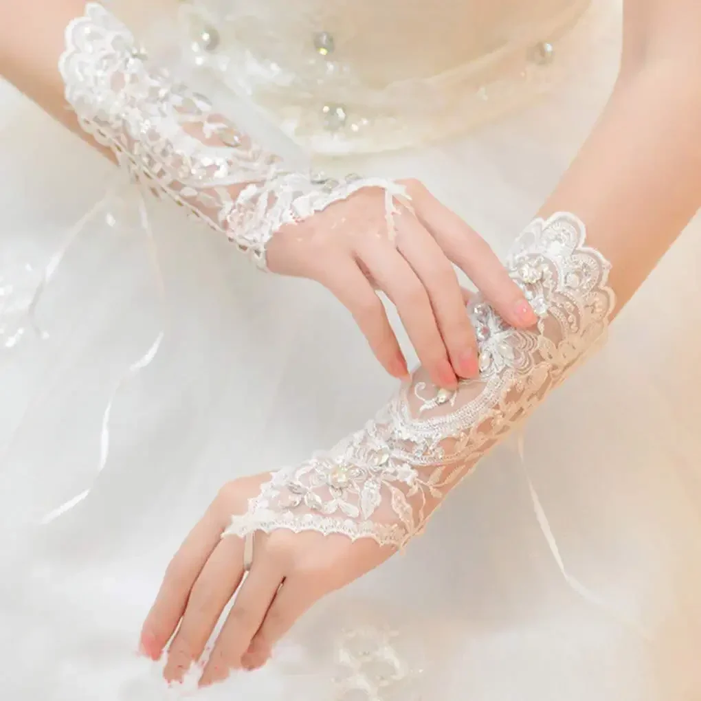 Guantes de encaje de boda para mujer, sin dedos, tul, lentejuelas de cristal, muñequeras, gancho blanco para dedo