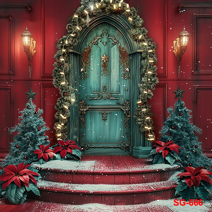 خلفية تصوير بباب أخضر مع أضواء لامعة ، إطار عيد الميلاد ، شجرة عيد الميلاد ، خلفية عطلة عائلية ، طفل