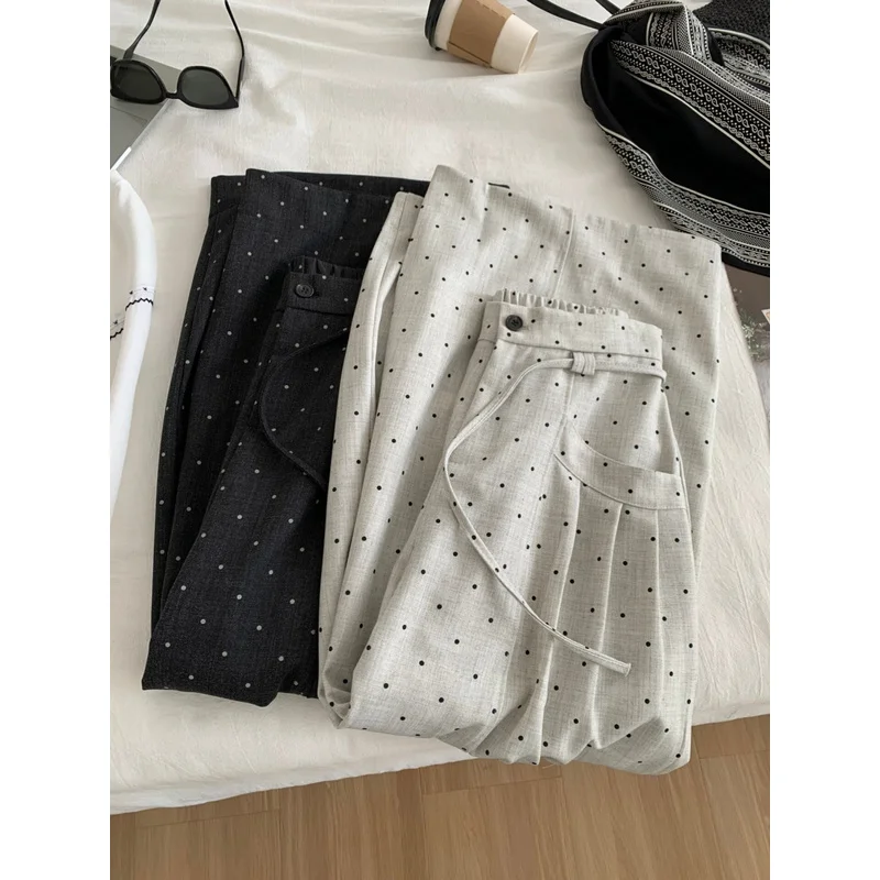 QICHE 2026 Autumn Women Dark Grey Polka Dot Wide Leg Trousers Korean Lazy Slouchy Fit Versatile Casual Daily Bottoms
