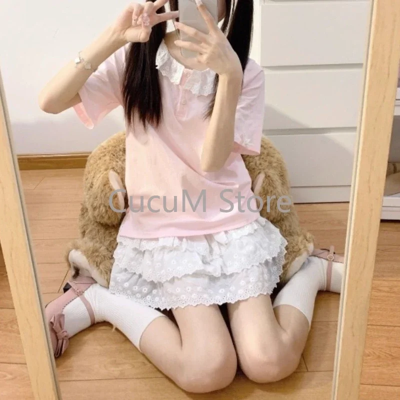 Słodka koronkowa spódnica z ciastem Kawaii Lolita Japońskie mini spódnice z falbankami Y2k Harajuku Casual Women Summer 2025 Spódnice