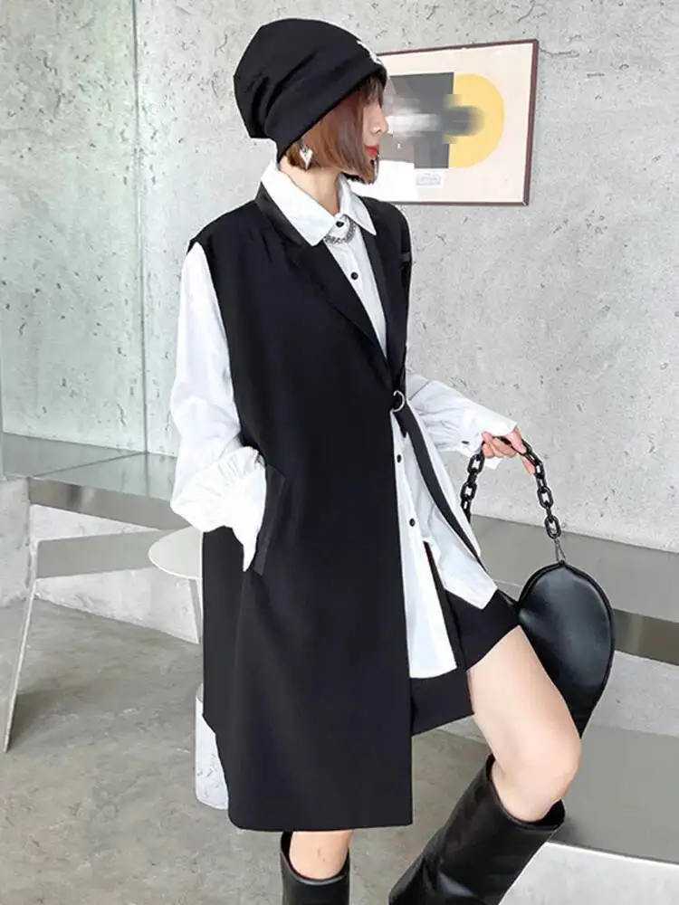 High Quality Loose Fit Black Women Irregular Buckle Big Size Long Vest New Lapel Sleeveless Fashion Spring Autumn 2026 B3V9