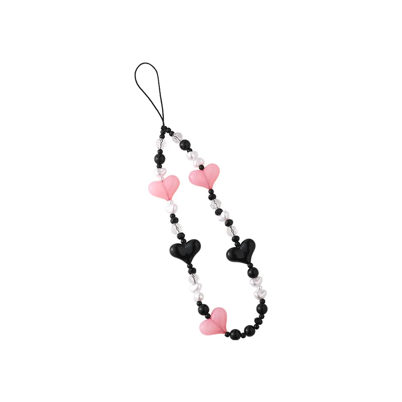 Cordão curto para meninas, charme do telefone, pingente bonito do fone de ouvido, cor preta e rosa, acessórios doces do telefone, moda coreana, 1 peça