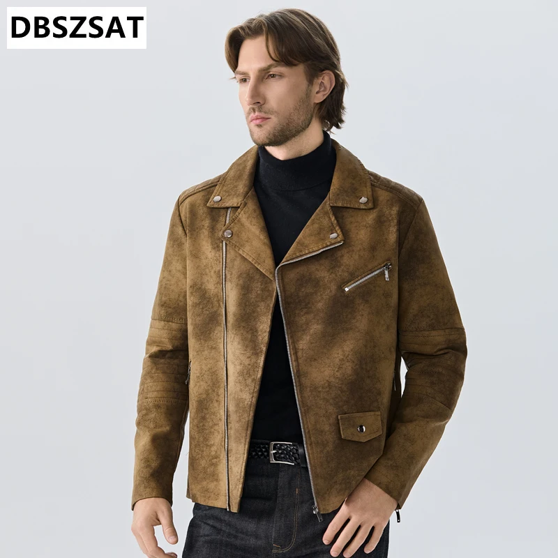 2028 Simplicity Solid Man Fashion Jacket Spring Autumn Retro Style Flip Collar Leather Jacket New Leisure Port Wind Coat Man