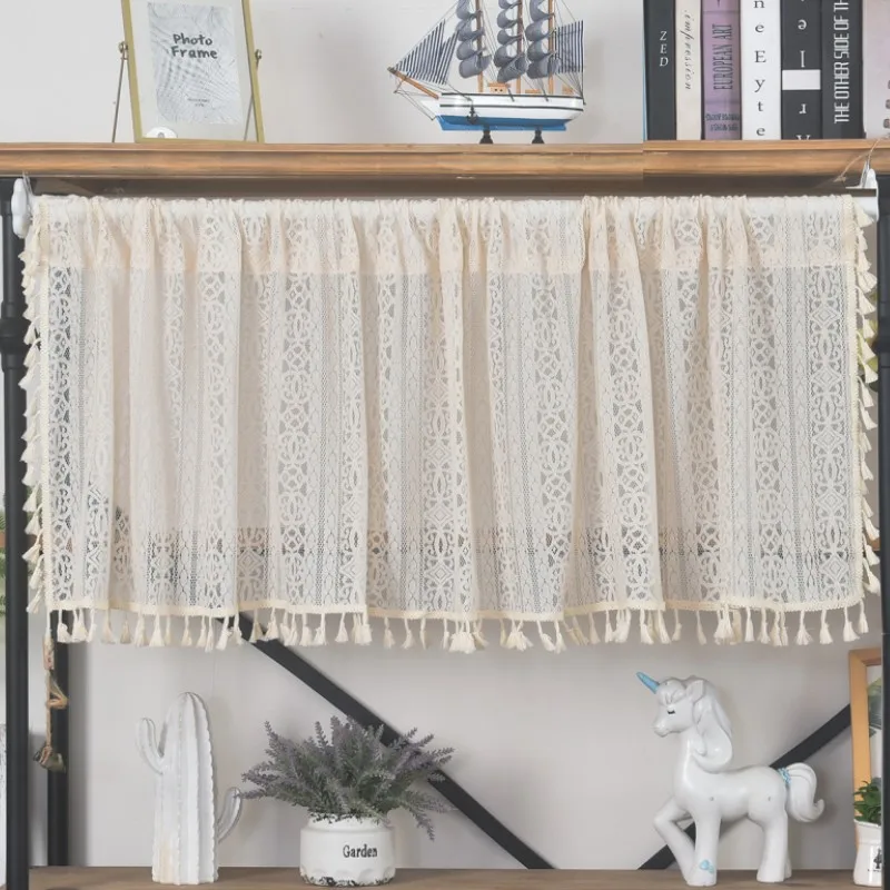 

Window Valance Beige Hollow Lace Half Curtain Kitchen Short Curtain with Tassel French Style Romantic for Kitchen Coffee Room