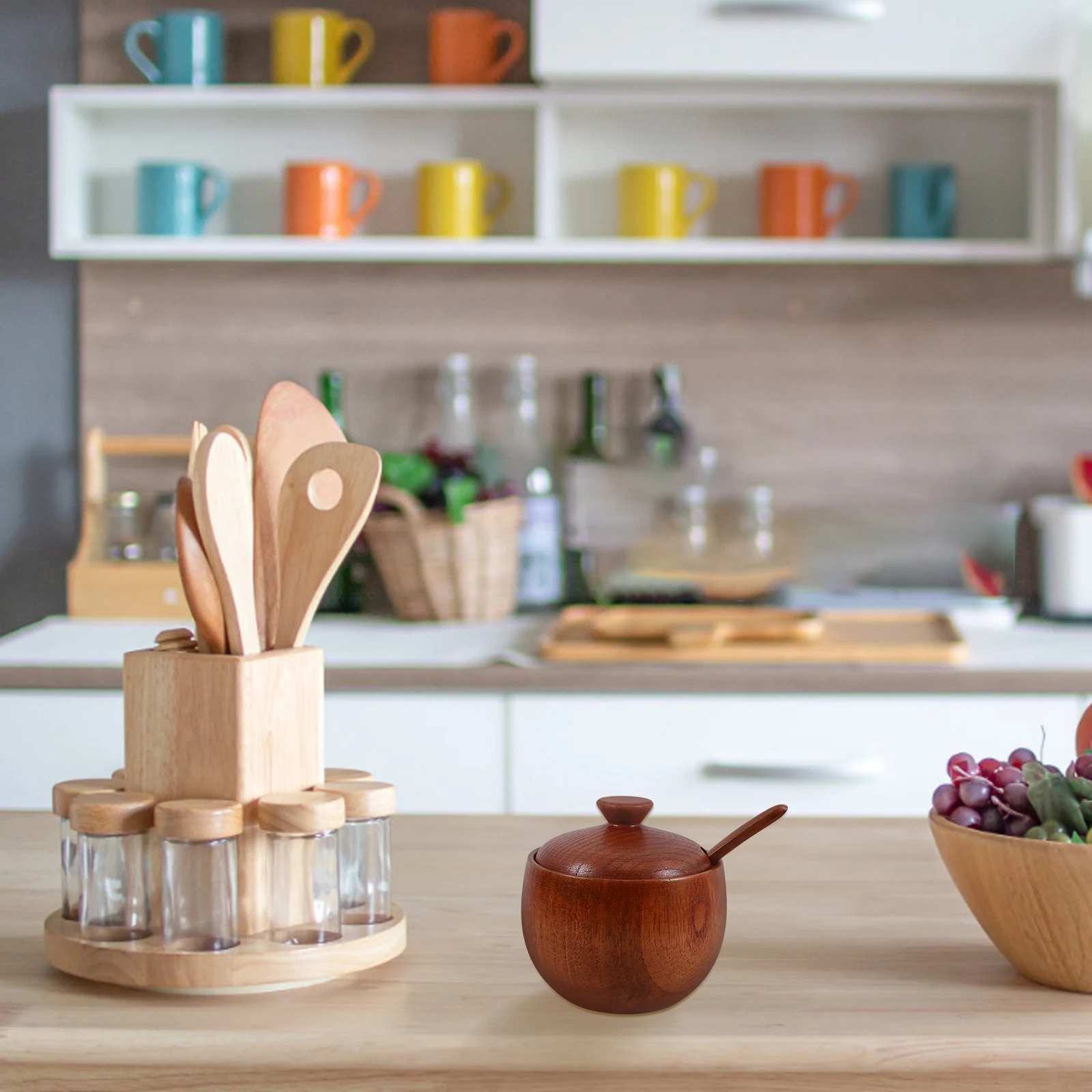 

Wooden Seasoning Jar with Spoon Spice Storage Bowl Leakproof Salt Sugar Container Kitchen Utensil Set Natural Oak Practical