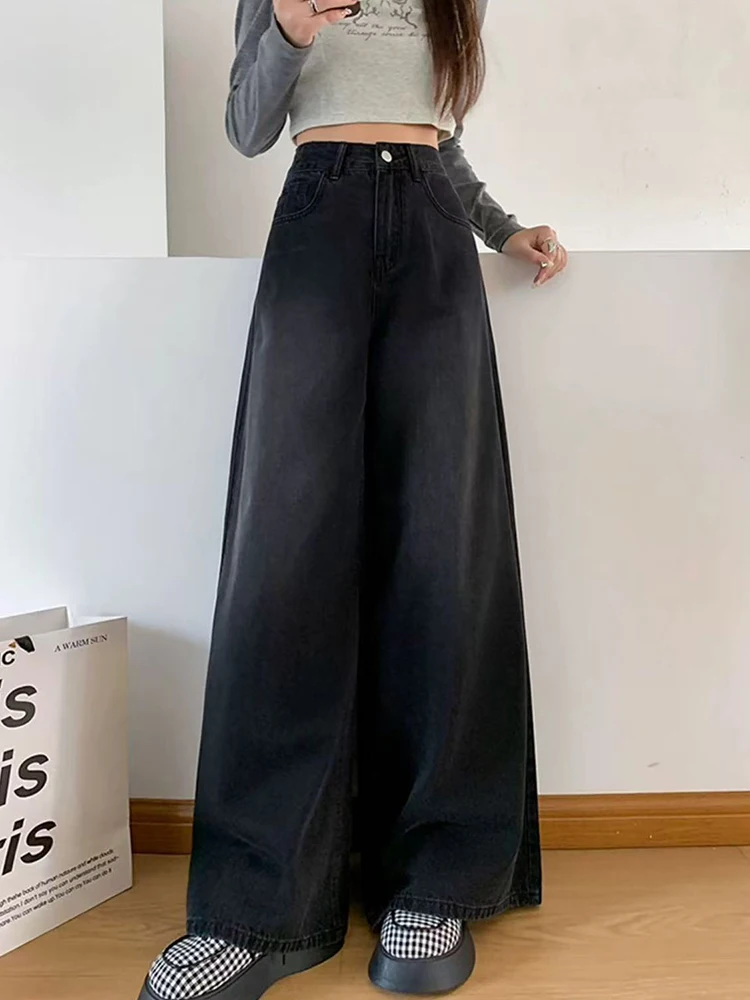 

Vintage Wide Leg Jeans Women Autumn High Waist Streetwear Loose Straight Trousers Korean Chic Black Grey All Match Denim Pants