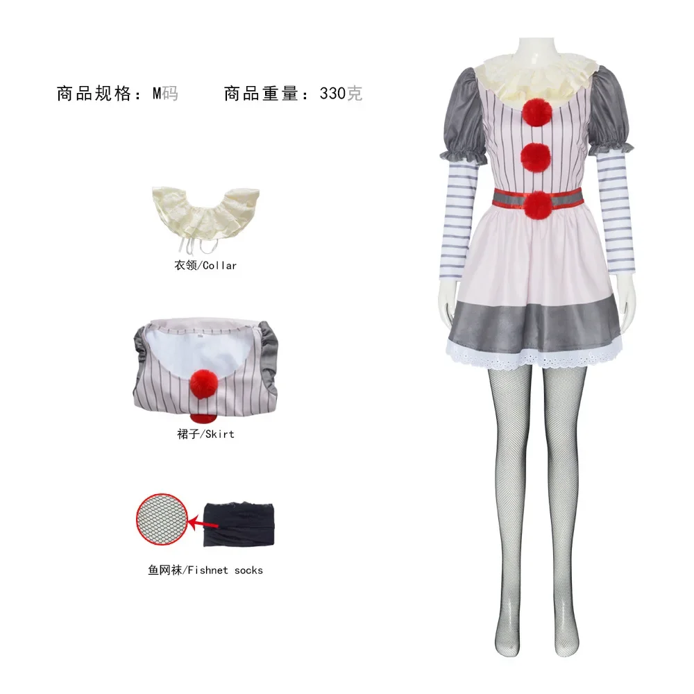 Disfraz de payaso asesino espeluznante para Halloween, disfraz de fiesta de Horro, vestido blanco, juego de rol aterrador, Carnaval, traje de pantalón Pennywise para mujer, accesorio