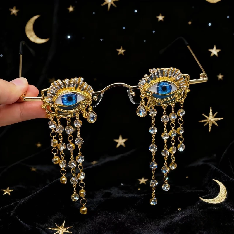 Gothic Eyeballs, Rhinestone Tassels, Witch Glasses, Small Metal Frames, Dark Halloween Stage Party, Personalized Sunglasses