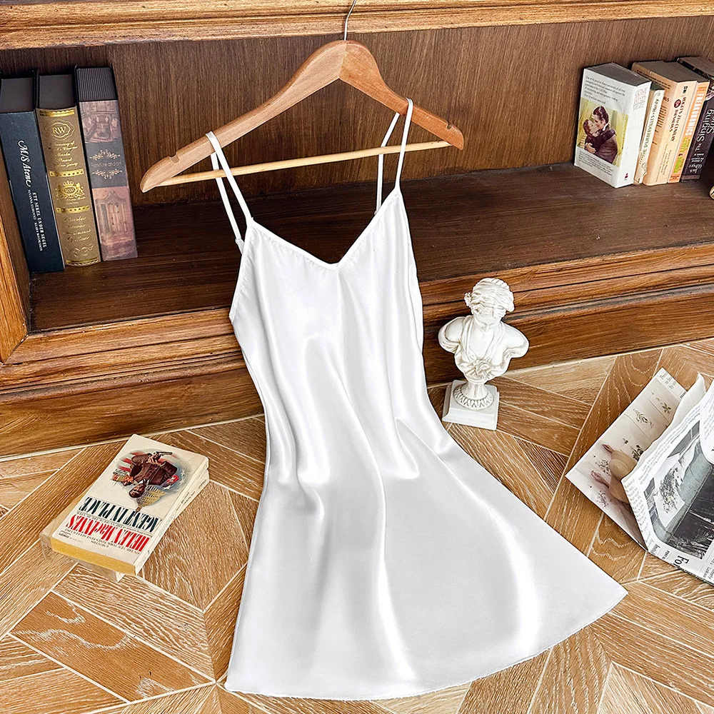 Sexy Women Dress Silk Slip  V-Neck Nightdress Mini Dresses Sexy Backless Women's Pajama Thin Breathable Print Slip Dress