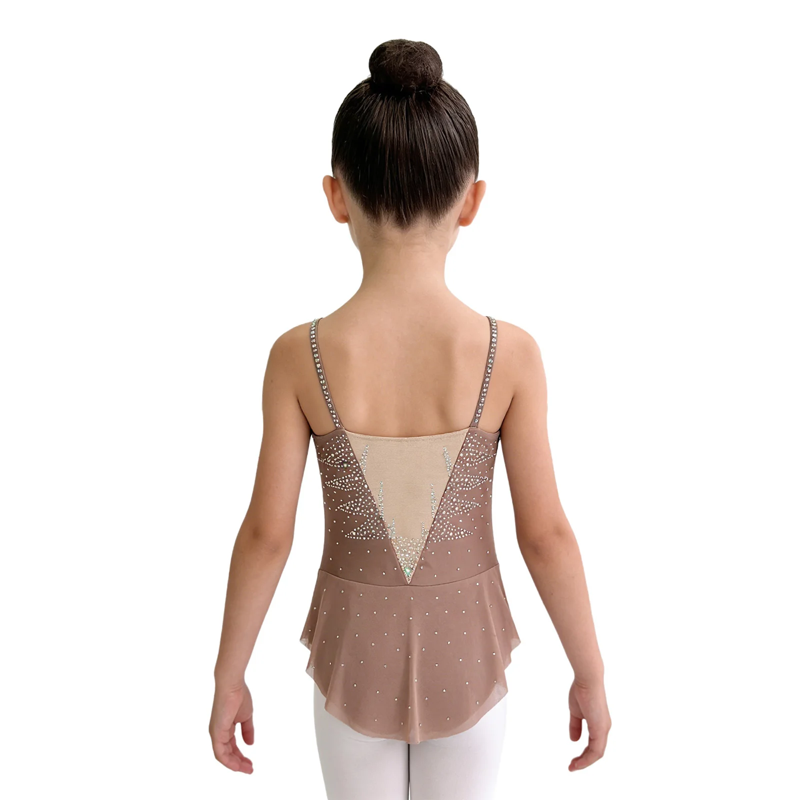 Kids Girls Ruched Mesh Rhinestone Gymnastics Ballet Jersey Skirted Leotards Artistic Figure Skating Dress Lyrical Dance Wear - view 2