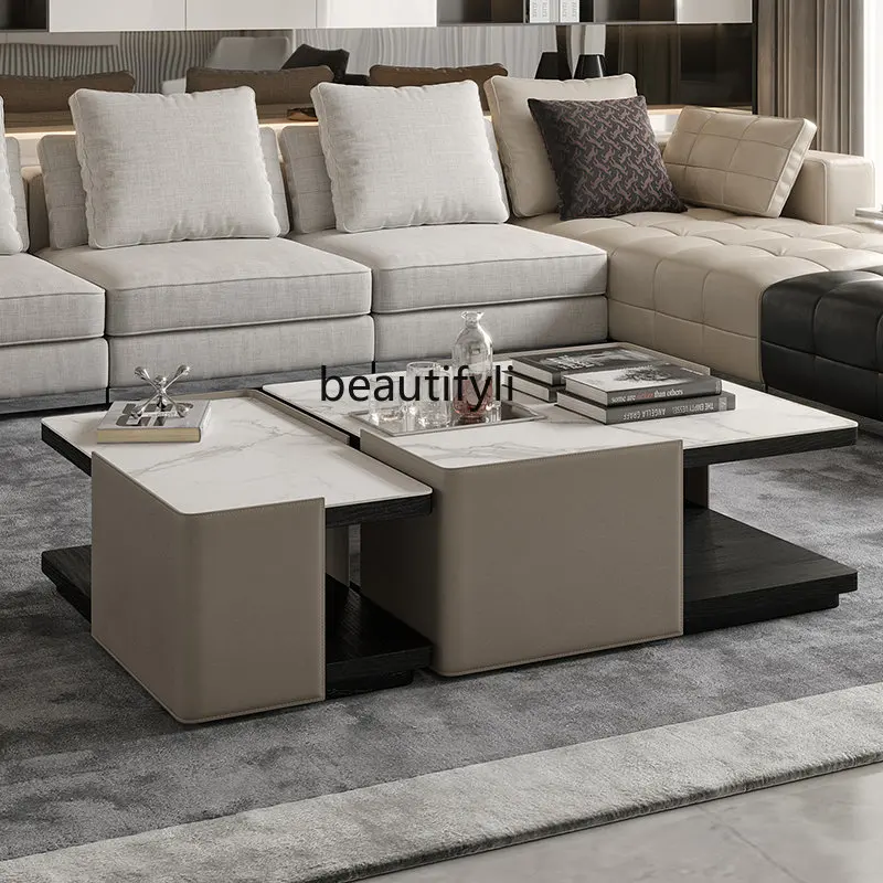 

yj Italian Modern Minimalistic Hard Leather Stone Plate Square Coffee Table