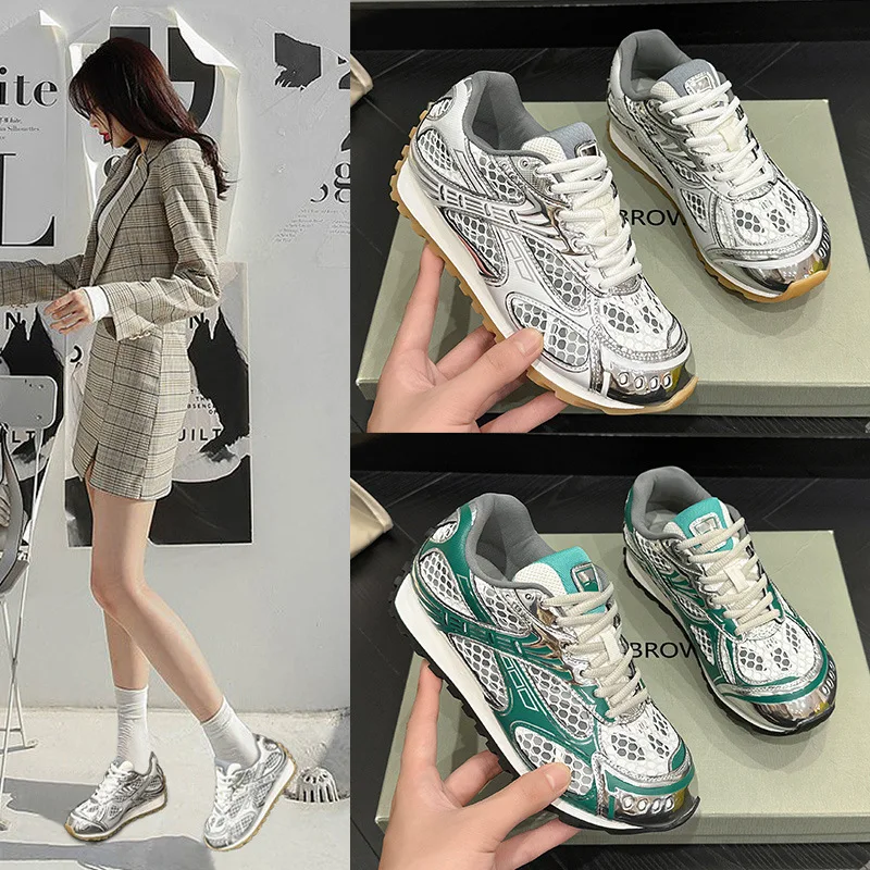 

Trendy Color Block Dad Shoes Women's New Casual Sports Shoes Thick Bottom Real Leather Slimming Versatile Board Shoes Women