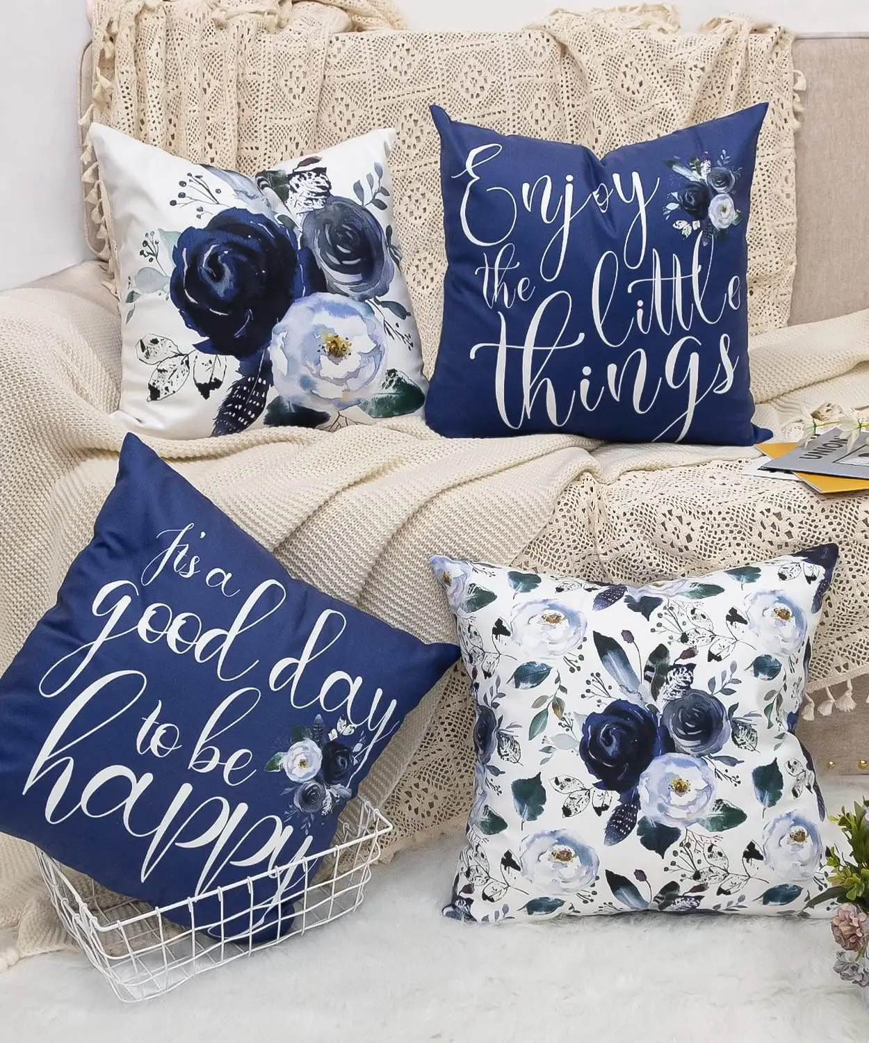Navy Blue Throw Pillow Covers Floral Roses Flower White Grey Pillows Decorative Throw  Spring Velvet Cushion Case Set of 4 for