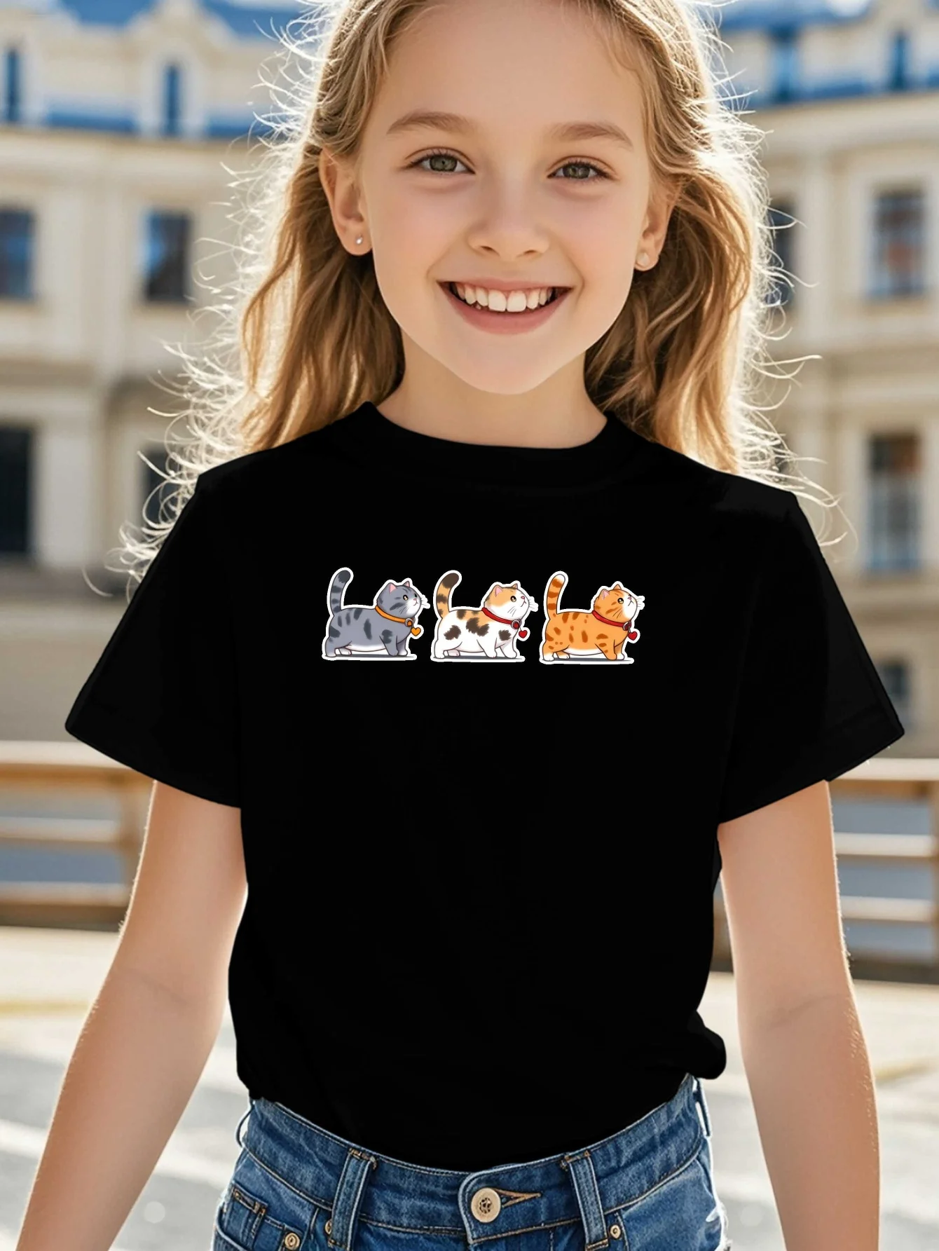 Family Matching T Shirt Kawaii Three Line Up Kitties Graphic Print Short Sleeve Cotton Tee For Boys Girls Kids Daily Casual Wear