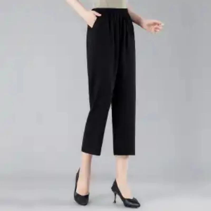Women Elderly Summer Thin Cotton Rayon Straight Pants Elastic High Waist Plus Size Mom Casual Nine-minute Trousers