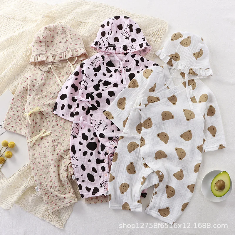 Baby onesie long-sleeved cotton double-layer yarn printing baby breathable Romper children's summer pajamas free sun hat