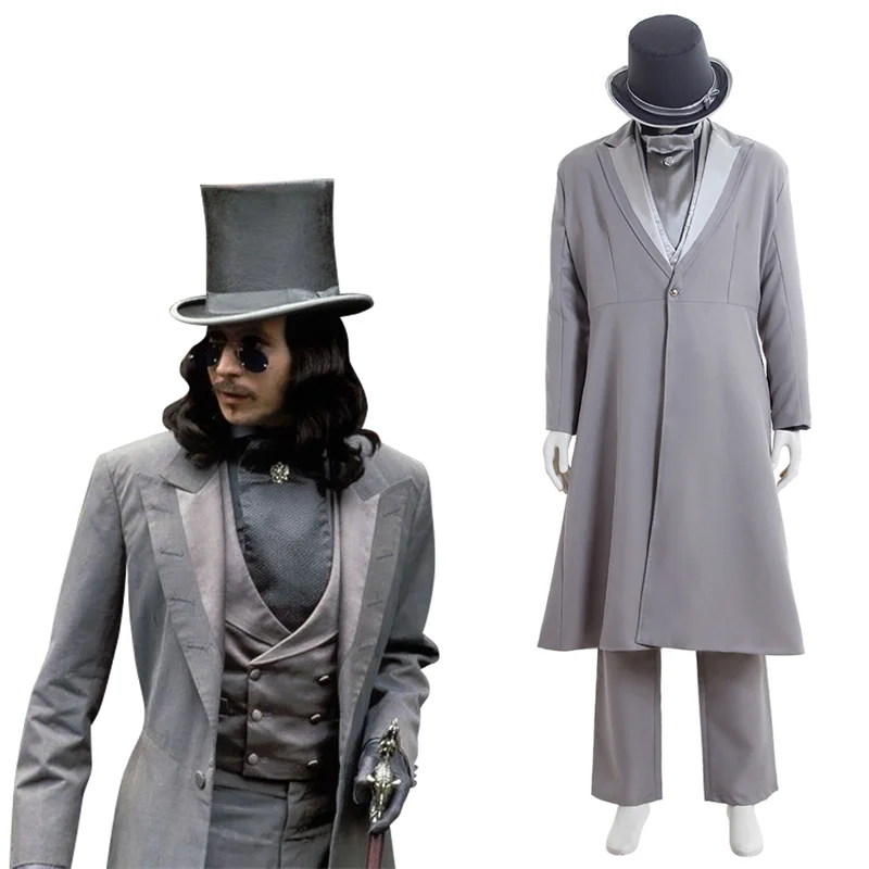 Costume de cosplay Dracula pour homme, veste et pantalon pour adulte, chemise en émail, ensemble complet avec chapeau, tenues de vampire de carnaval d'Halloween