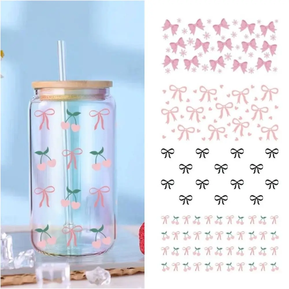 New Clear UV DTF Transfer Sticker Waterproof Bow Theme Libbey Glasses Wraps Smooth Cartoon Cup Decals for Cup Decoration