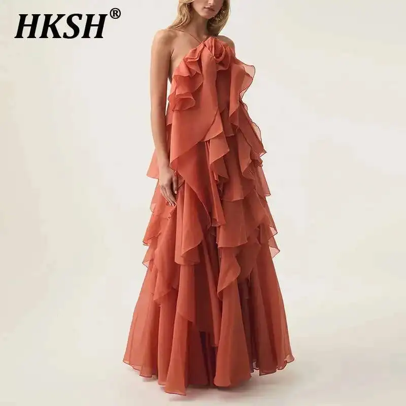 

HKSH Summer New Women Tide Chic Casual Fashion Elegant Patchwork Ruffles Sleeveless Solid Color Loose Long Backless Dress HK5316