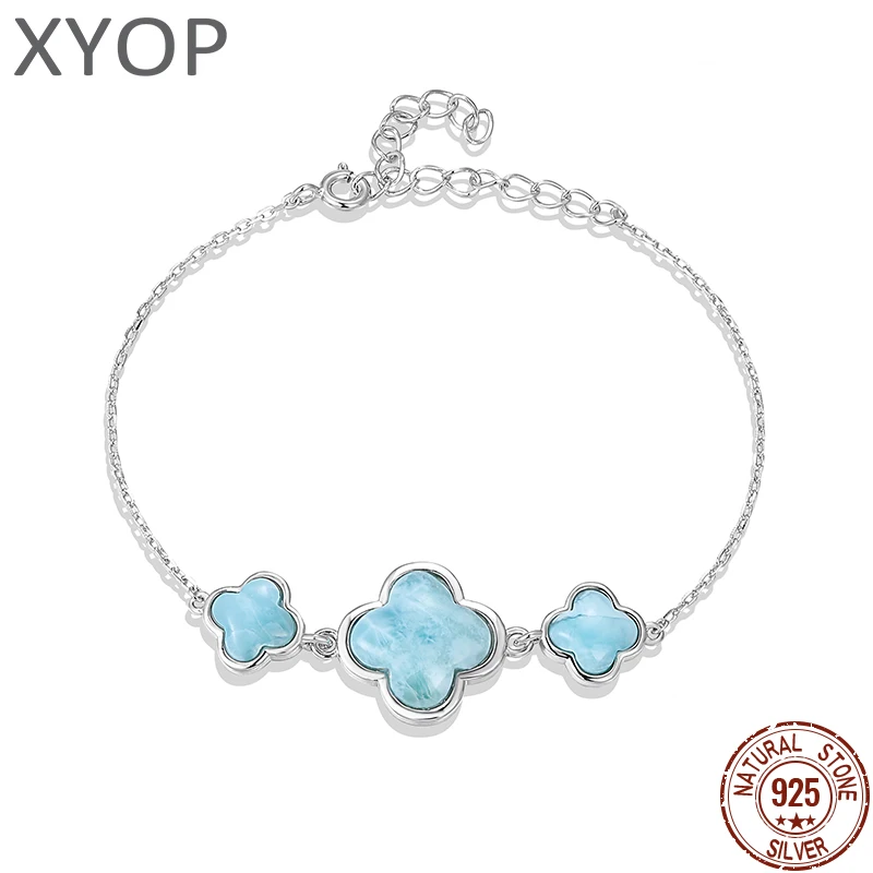 XYOP 925 Silver Gift Natural Blue Larimar Minimalist Everyday Niche Four-Leaf Clover Bracelet, Taste Worthy Of Easy Strength To