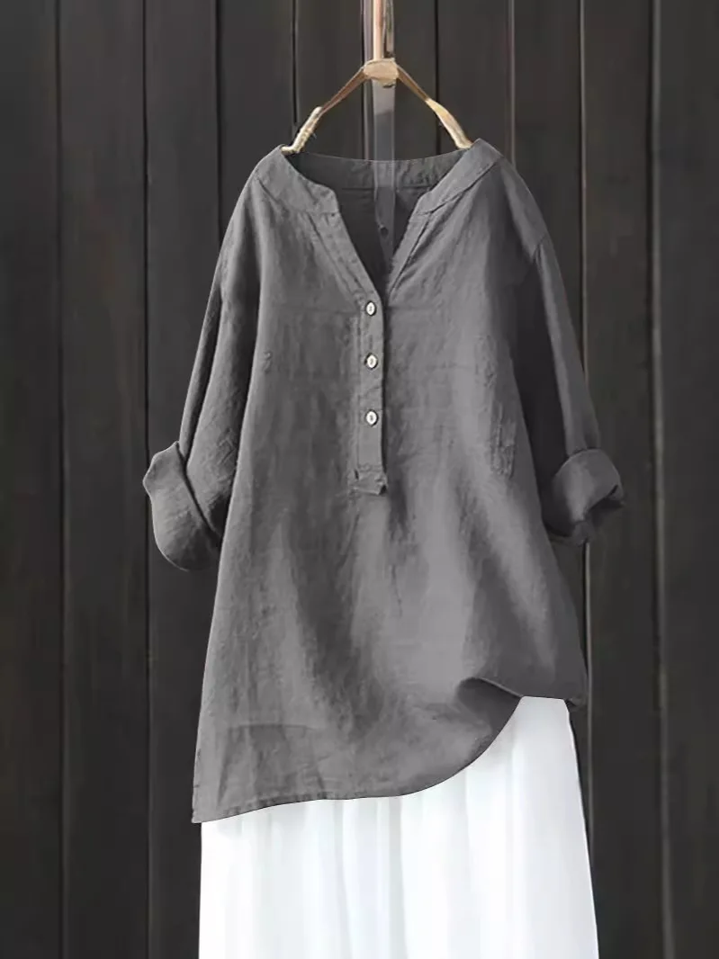 Cotton Linen Blouse Women's Shirt Solid Color Button V Neck Casual Loose Shirt Soft Autumn Spring Long Sleeved Baggy Tunic Tops