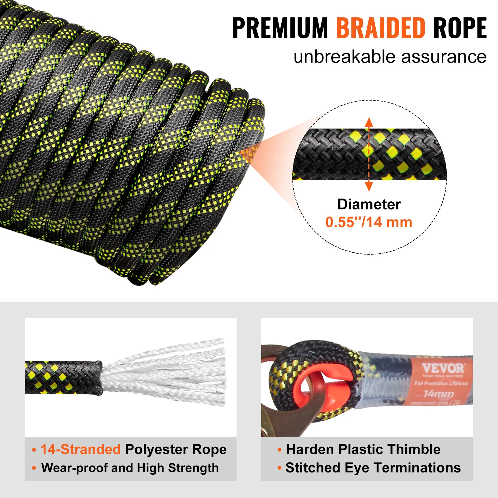 VEVOR Vertical Lifeline 150ft Outdoor Climbing Rope 30KN Breaking Tension Static for Escape Outdoor Adventures and Lumbering