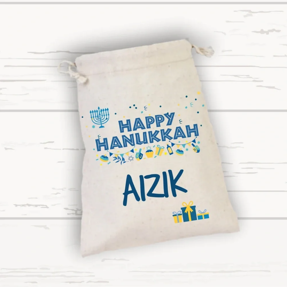 Happy Hanukkah Personalized Gift Bag,Happy Hanukkah Gift Sack,Hanukkah Holiday Bag,Happy Hanukkah Drawstring Gift Bag with Name