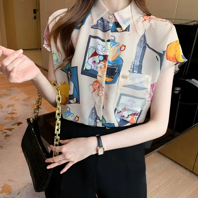 3XL Women Summer Spring Blouses Shirts Lady Fashion Casual Short Sleeve Turn-down Collar Flower Printing Blusas Tops G2541